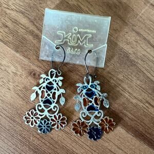 Vtg NWT 1 1/8"Kims Craftsman Blue/Orange Painted Silver-tone Dangle Earrings